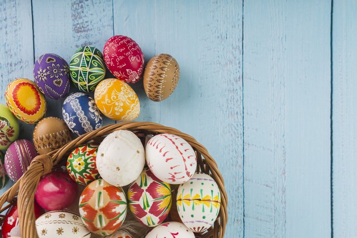 Decorated Easter Eggs in a Basket on Wood Planks
