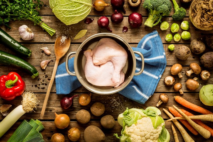 Chicken and Vegetables on Wooden Table