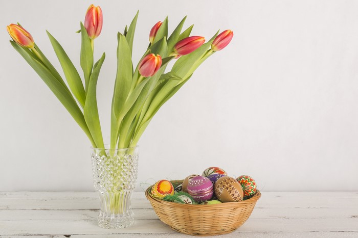 Easter Tulips and Decorated Eggs in a Basket