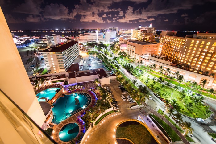 Cancun Mexico Hotels and Pools at Night