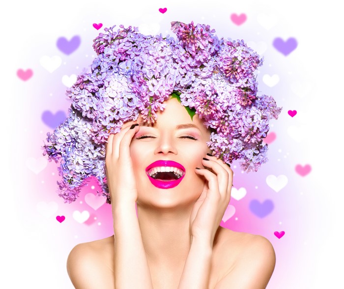 Woman with Lilac Flower Crown and Pink Lipstick