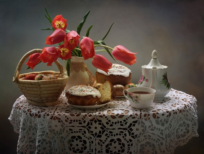 Easter still life with tulips, kulich, tea, and eggs