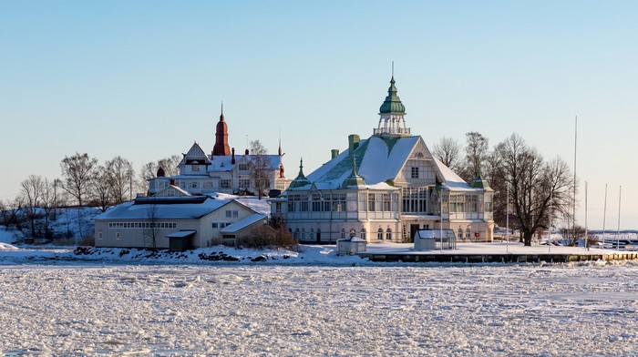 Winter scene with snow-covered buildings in Helsinki, Finland