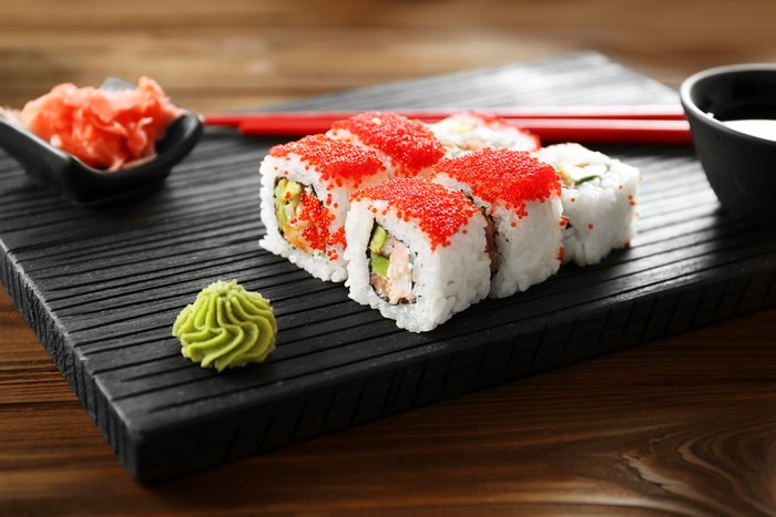 Sushi with caviar, wasabi, and pickled ginger