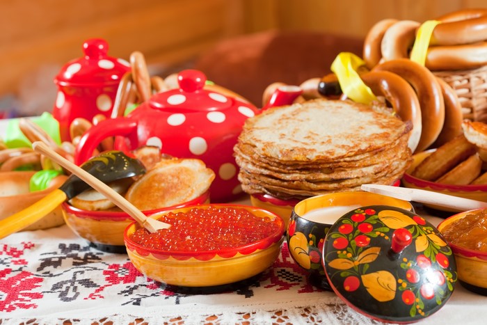 Pancakes and Caviar with Russian Teapots