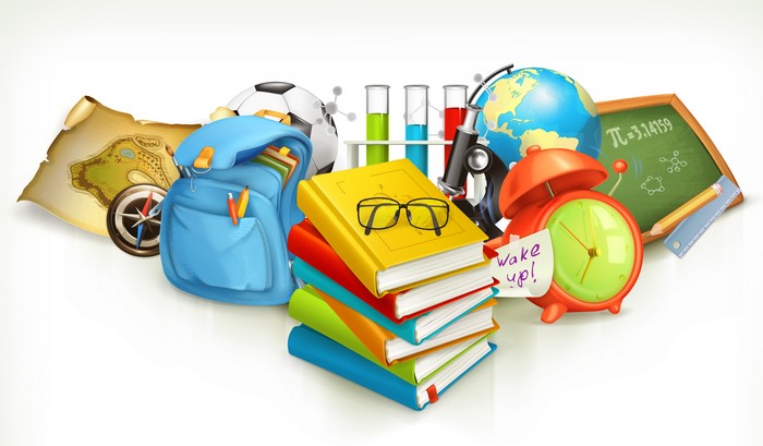 School supplies with books, globe, and alarm clock