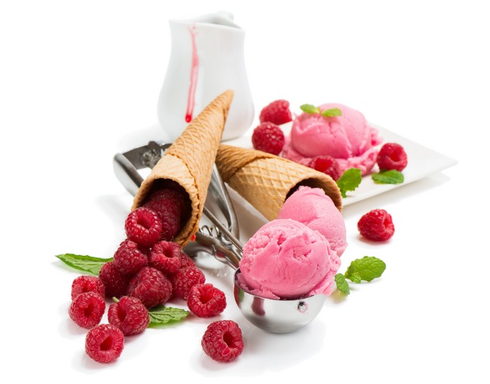 Raspberry ice cream cones with fresh raspberries