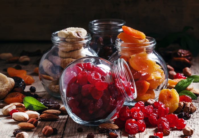 Dried fruits and nuts in jars
