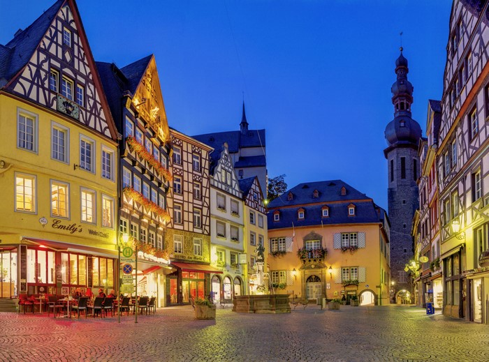 Cochem Germany Houses and Fountain at Evening