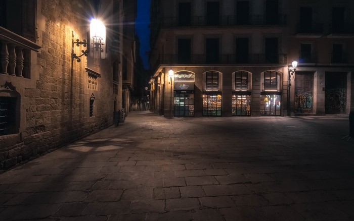 Street at night in Barcelona, Spain