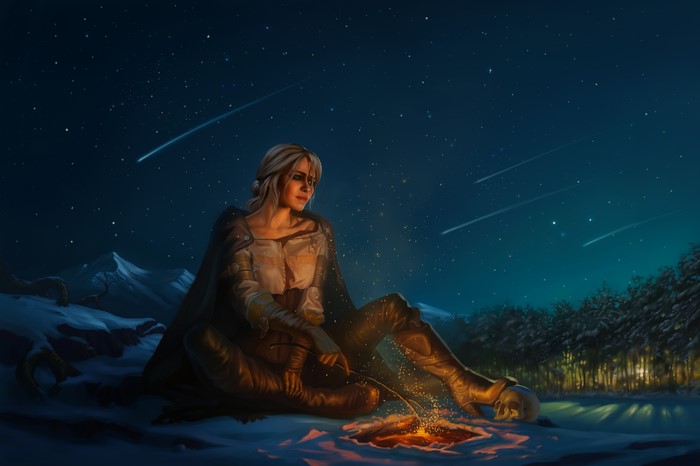 Ciri from The Witcher 3: Wild Hunt by a bonfire at night