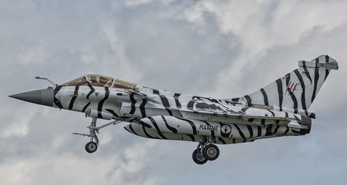 French Navy Dassault Rafale M fighter jet with tiger stripes