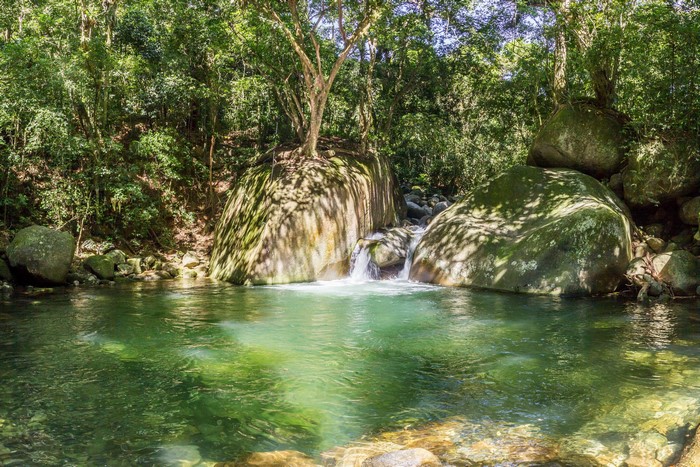 Waterfall in a Brazilian forest with large rocks