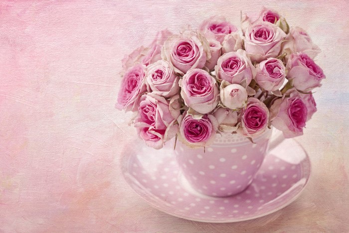 Pink Roses in a Polka Dot Cup and Saucer