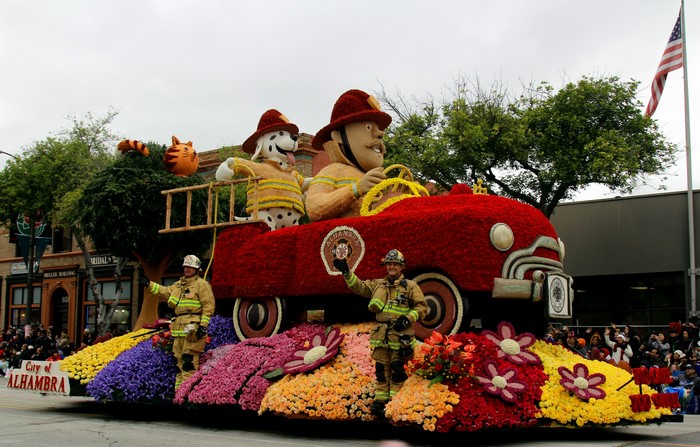 City of Alhambra Fire Engine Float with Firefighters and Animals