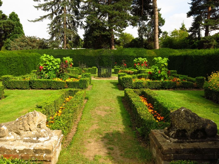Capel Manor Gardens formal garden with lion sculptures