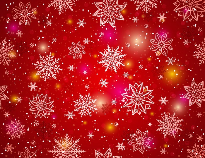 Red background with white snowflakes and bokeh lights