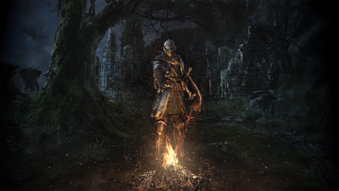 Knight from Dark Souls at a Bonfire