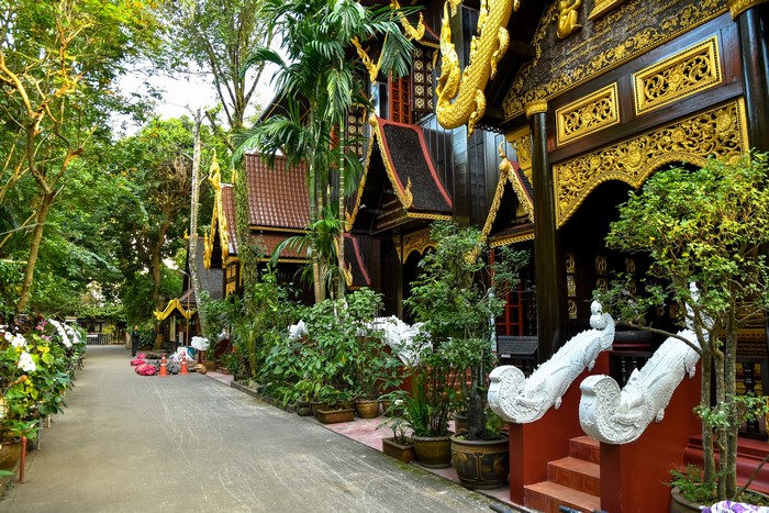 Thai Temple Architecture with Lush Greenery