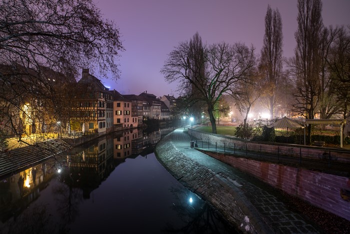 Strasbourg canal at night with historic houses