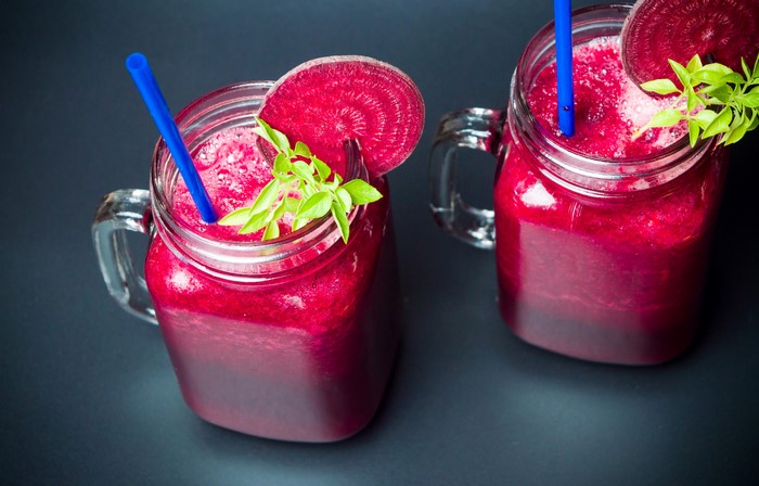 Two Beetroot Smoothies in Mason Jars