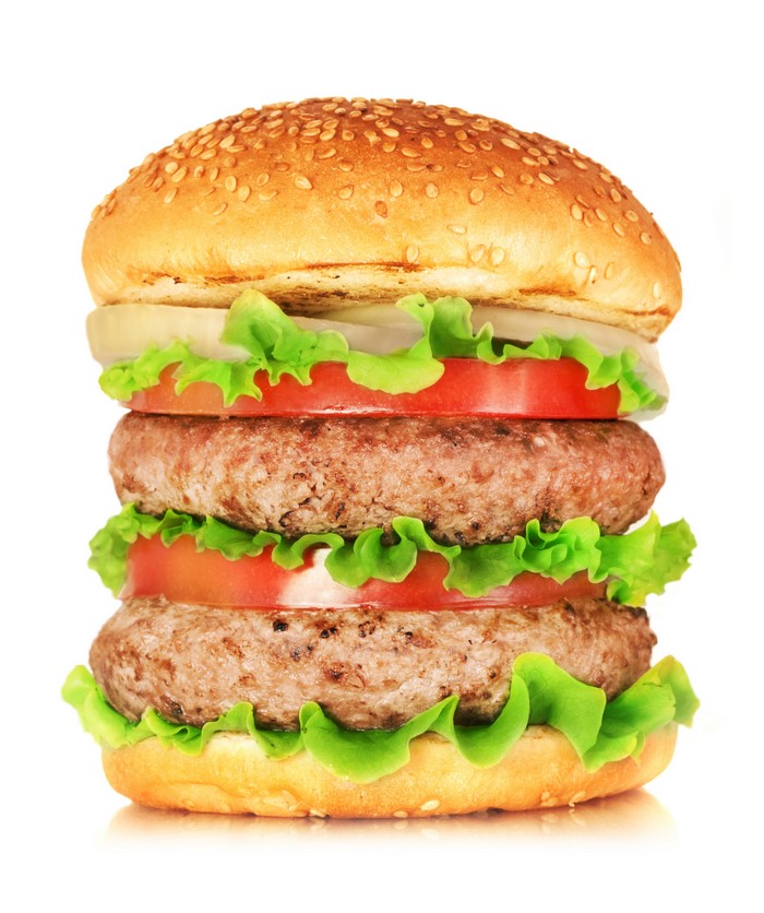 Double hamburger with lettuce, tomato, and onion