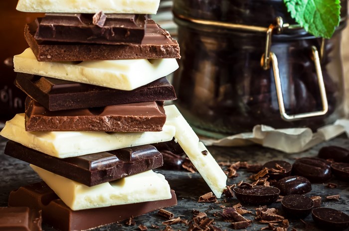 Stack of assorted chocolate bars and candies