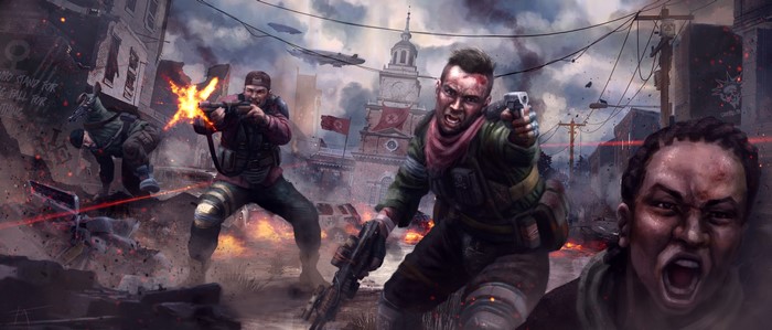 Warriors in a destroyed city with Independence Hall