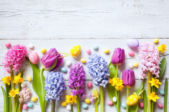 Easter Tulips, Hyacinths, and Daffodils with Eggs