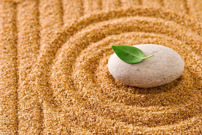 Zen garden with stone and leaf