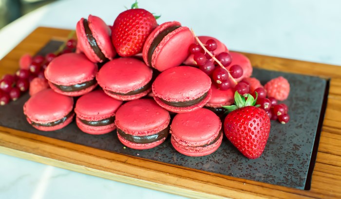 Pink Macarons with Strawberries and Currants