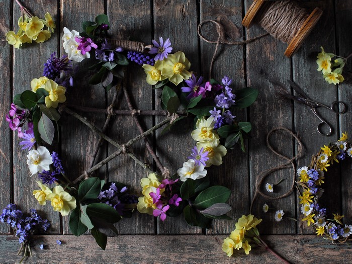 Floral Pentagram Wreath on Wood Planks