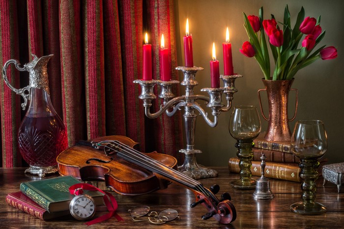 Still-life with Violin, Candles, and Tulips