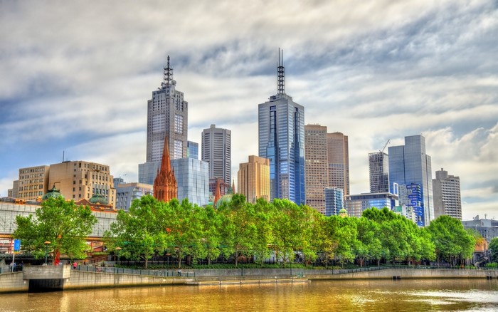 Melbourne City Skyline with River and Trees