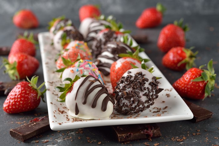 Chocolate-covered strawberries on a platter