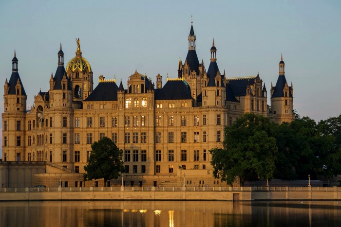 Schwerin Castle on a lake in Germany