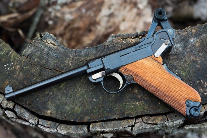 Luger Parabellum 30 pistol on a tree stump
