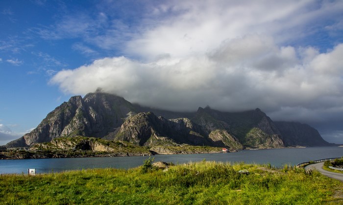 Mountains and clouds over a fjord in Lofoten, Norway