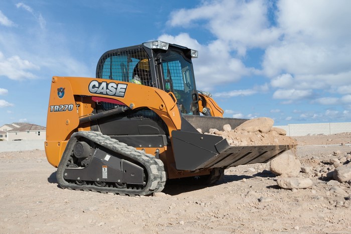 Case TR270 compact track loader with bucket of rocks