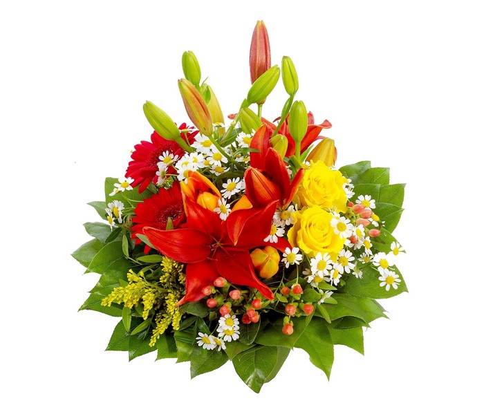 Red lilies, yellow roses, and gerbera daisies bouquet