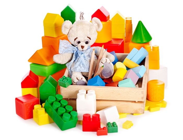 Teddy bear with building blocks and toys