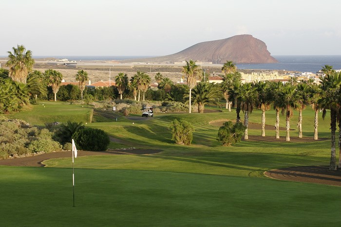 Golf course with palm trees and a mountain in Tenerife