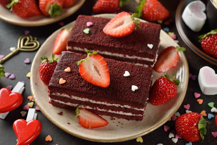 Red Velvet Cakes with Strawberries and Heart Sprinkles