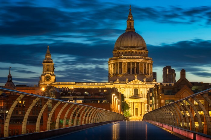 St. Paul's Cathedral and Millennium Bridge at dusk, London