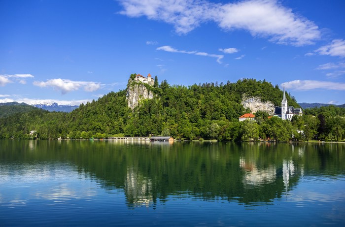 Bled Castle and Church overlooking Lake Bled, Slovenia