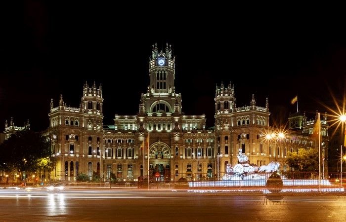 Palacio de Cibeles at night in Madrid, Spain