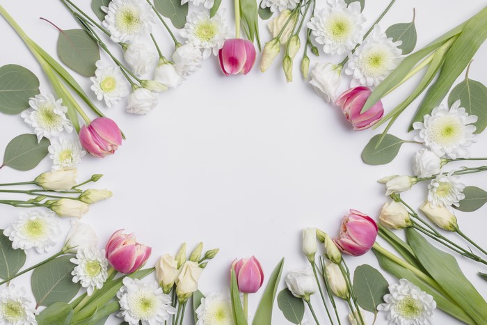 Tulips, Eustoma, and Chrysanthemums on White Background