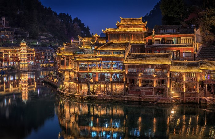 Hunan Province, China, Houses, Rivers, Street lights, Night, HD ...