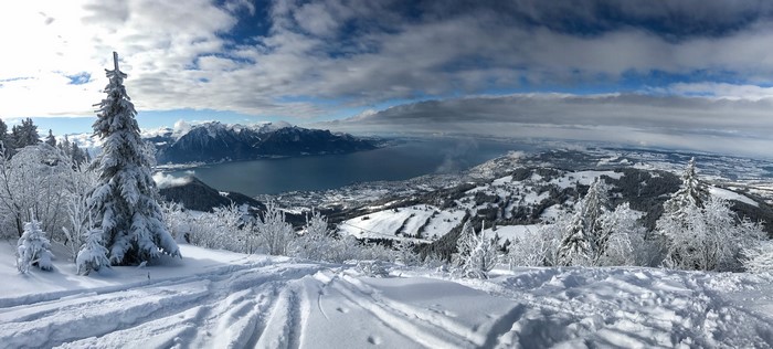 Snowy mountain landscape overlooking Lake Geneva, Switzerland