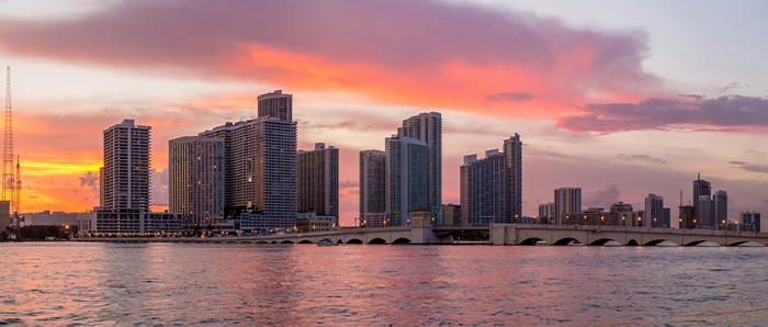 Miami Skyline at Sunset with Bridge and River